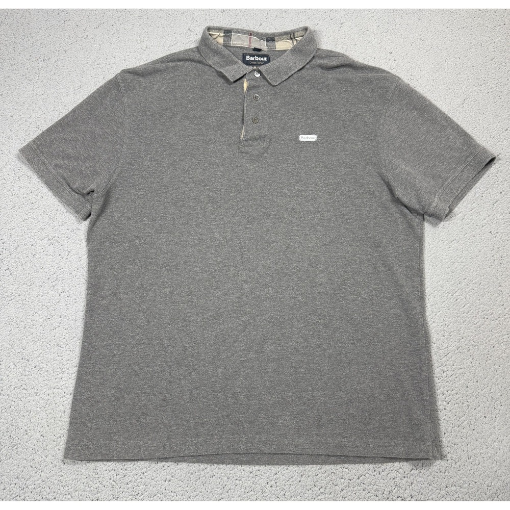 Barbour Polo Shirt Mens 2XL Gray Dress Tartan 100% Cotton Jersey Knit Casual
